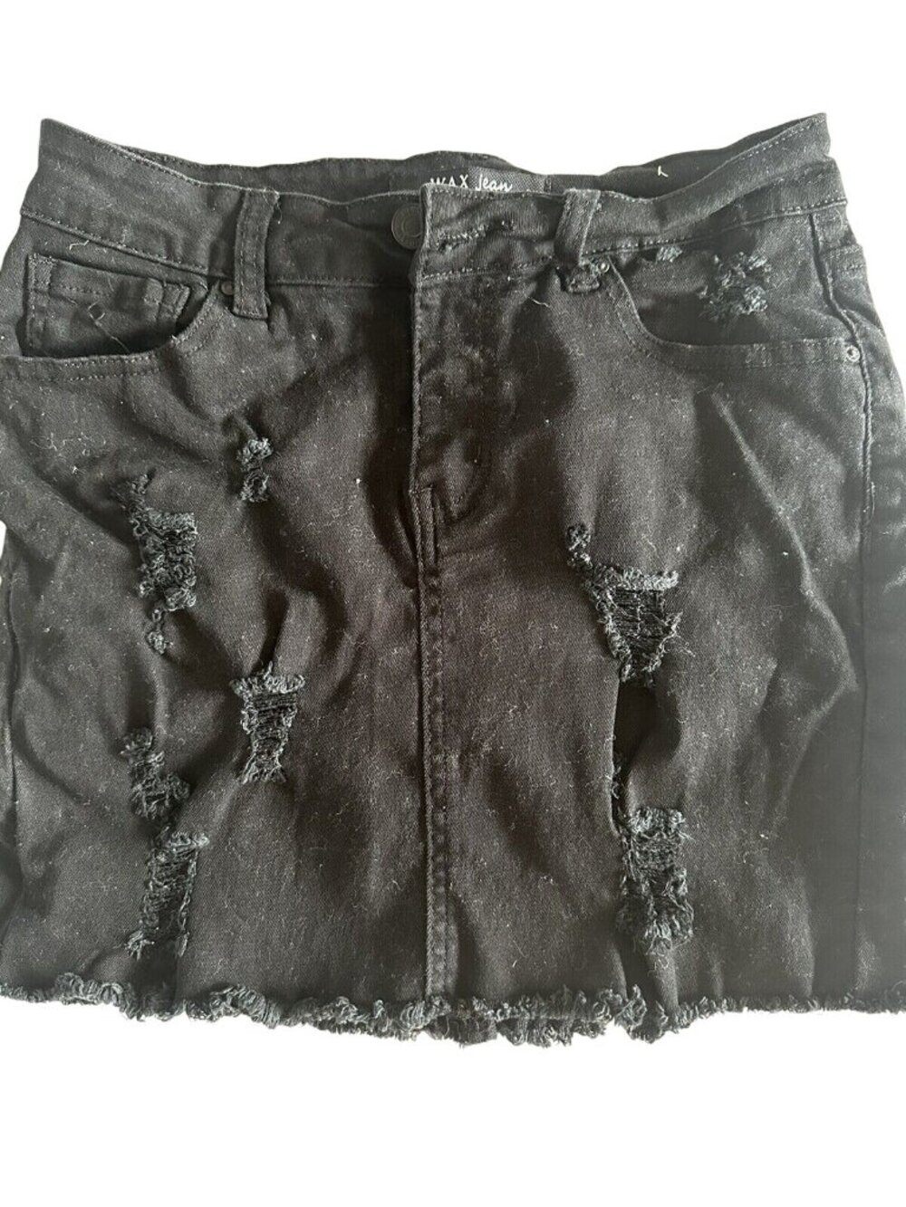 Wax Jean Black Distressed Denim Mini Skirt Frayed Hem & Pockets S